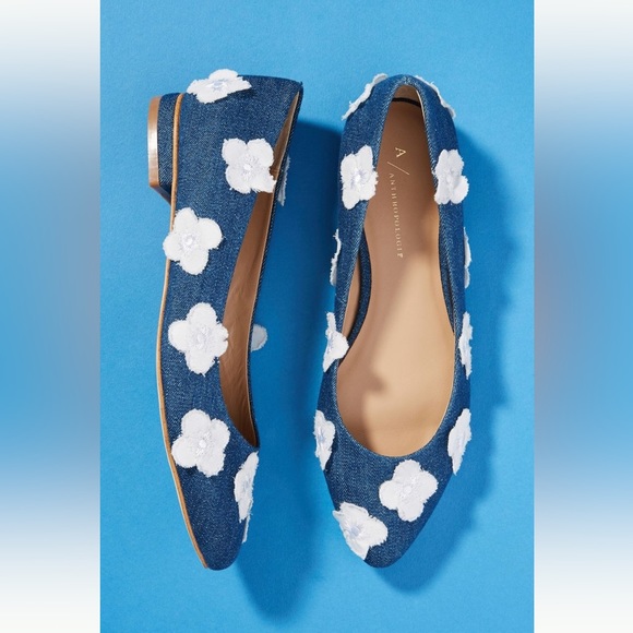 Anthropologie Blue Denim Floral Appliqué Ballet Flat Size 7.5 - Picture 1 of 8
